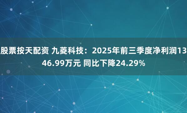 股票按天配资 九菱科技:2025年前三季度净利润1346.99万元 同比下降24.29%